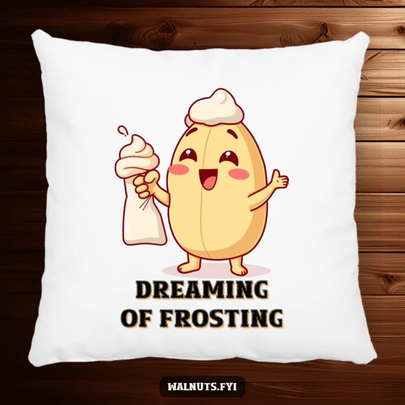 Funny pillow featuring a delighted macadamia nut pointing at frosting, perfect for comfort and baking lovers.