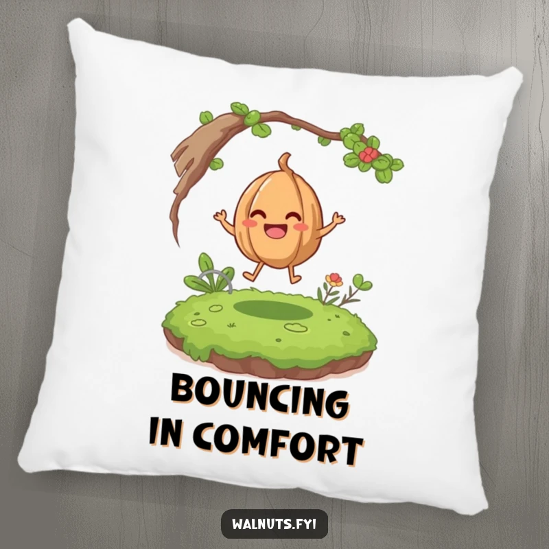 Funny giggling walnut character happily bouncing on a mossy patch, featured on a soft and decorative humorous pillow.