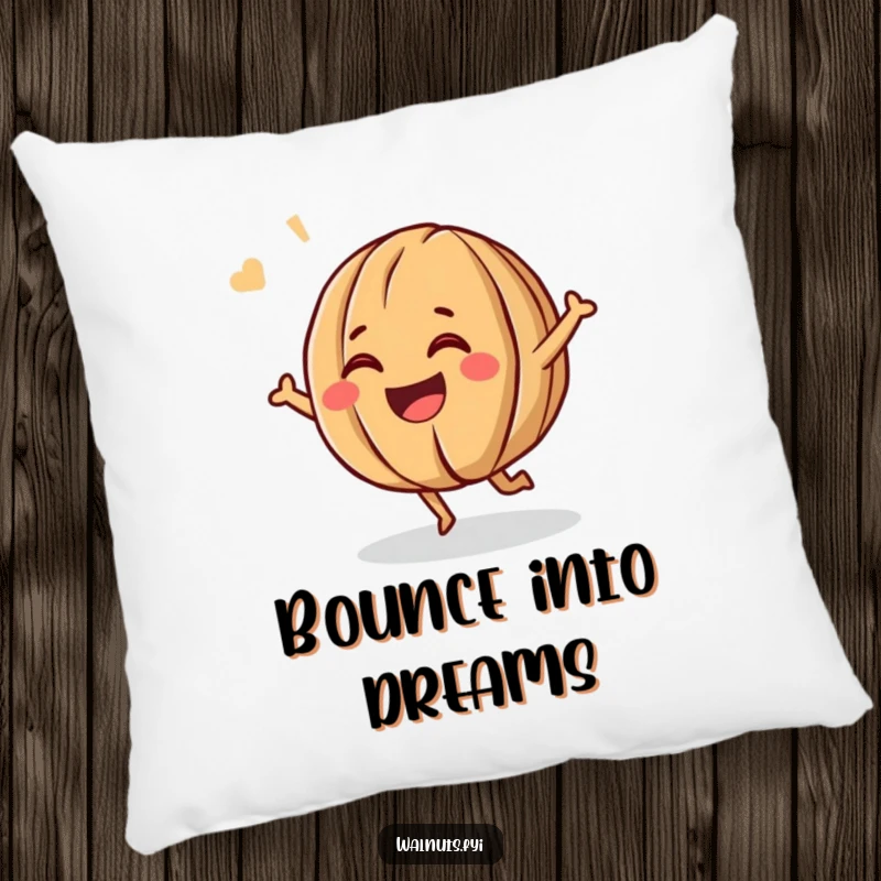 Funny pillow featuring a giggling walnut character bouncing energetically, its cheerful grin promising comfort and laughter.