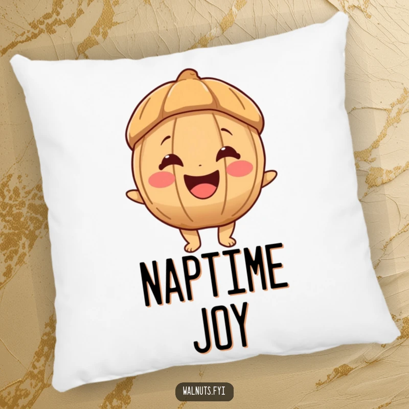 Funny pillow featuring a joyous walnut character with a huge, happy smile, ideal for adding comfort and cheer to any room.