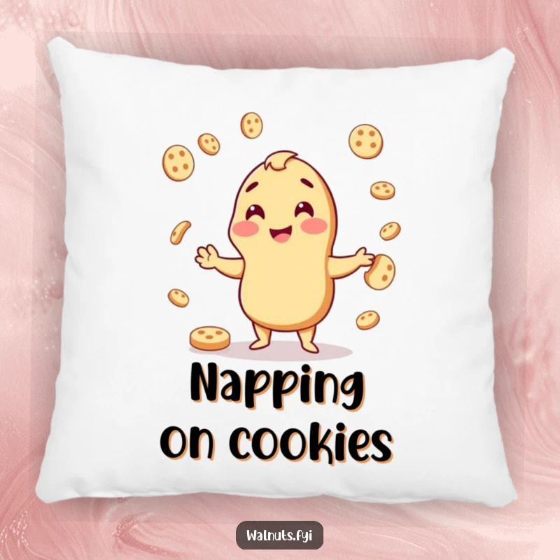 Funny pillow featuring a happy cashew juggling cookie pieces with gleeful abandon, adding comfort and humor.