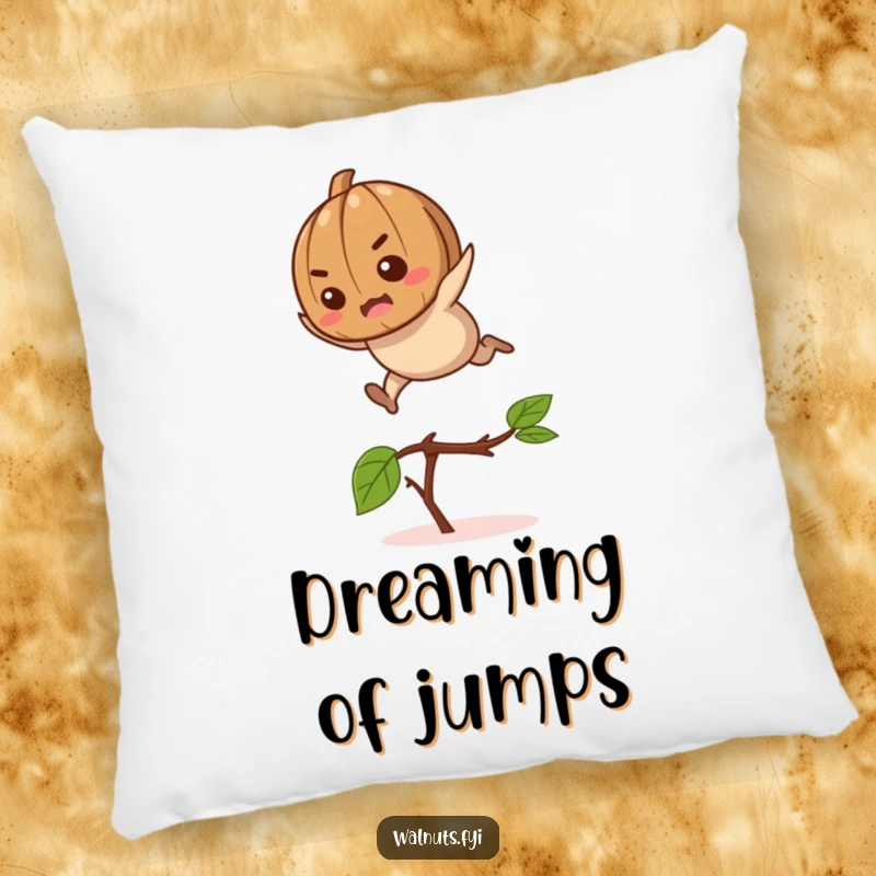 Funny determined walnut character leaping over a twig, featured on a soft and decorative humorous pillow.