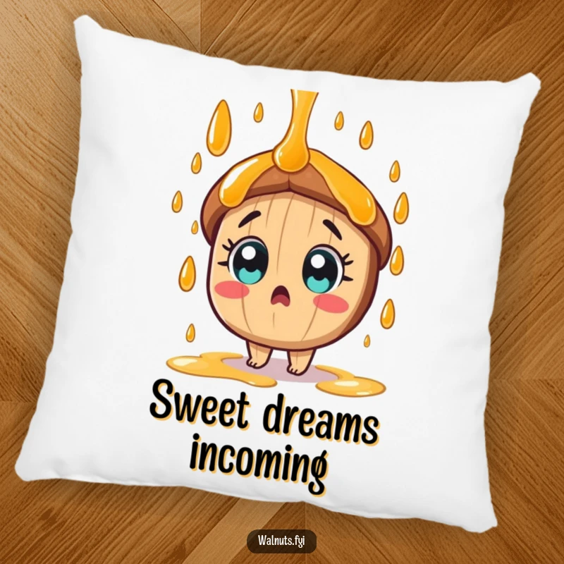 Funny tan pecan character with wide eyes is surprised by a sweet syrup shower on this cozy pillow.