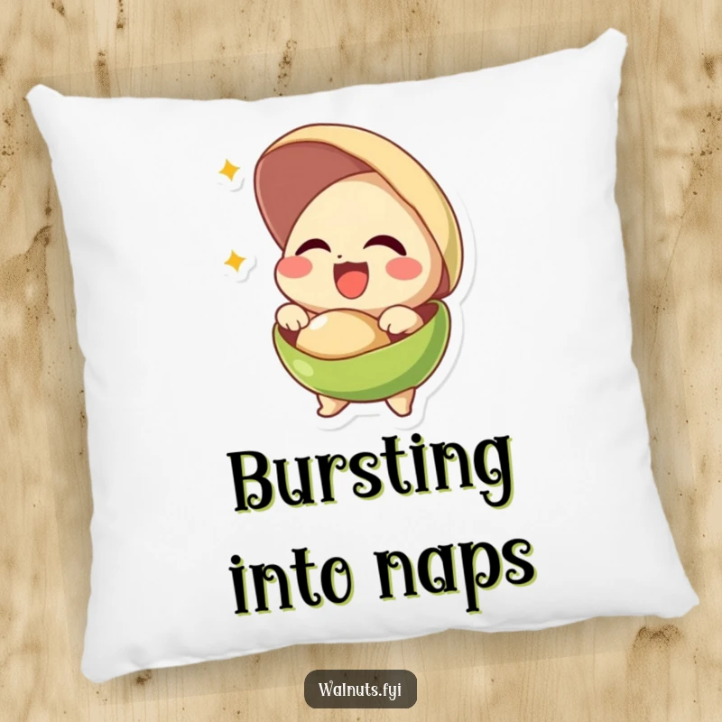 Funny pillow featuring a giggling pistachio joyfully bursting out of its shell, adding cheerful decor.
