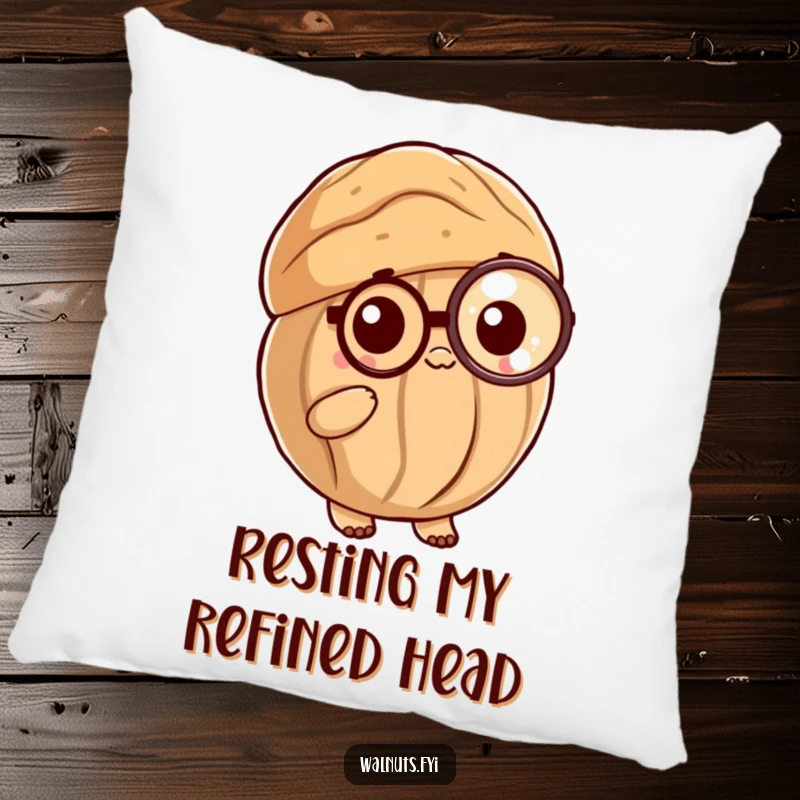 Funny Posh Walnut Pillow: A plush pillow featuring a sophisticated walnut shell with a monocle, perfect for comfort and charm.
