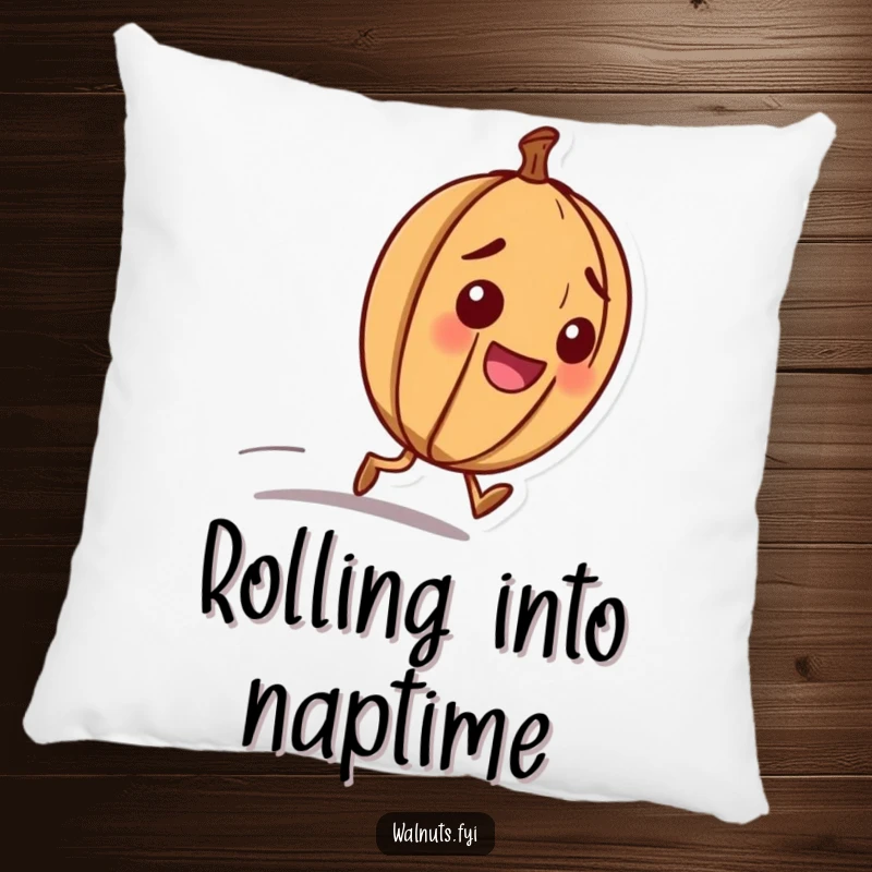 Funny pillow with a happy walnut character with a determined look, rolling downhill with purpose.