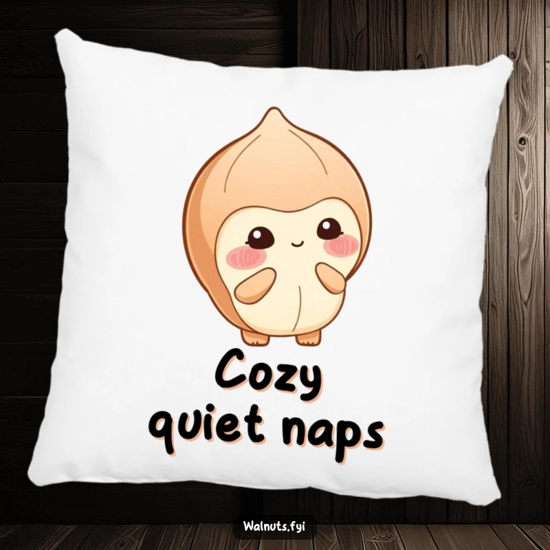 Funny pillow featuring a blushing hazelnut shyly offering a small berry with a sweet, bashful smile, adding gentle decor.