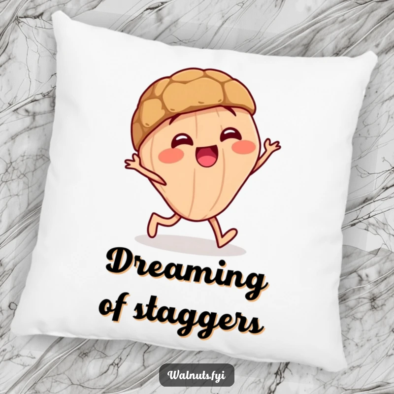 Funny decorative pillow with a giggling walnut character doing a funny little stagger, adding humor.