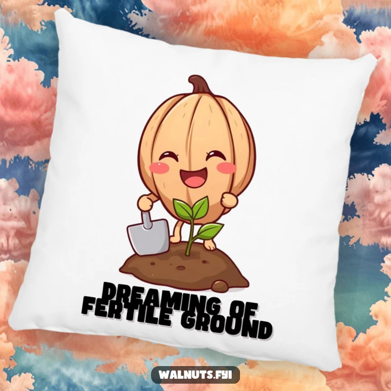 Funny Walnut Gardener Pillow, a smiling walnut with a tiny shovel planting a sprout, cozy and humorous home accessory.