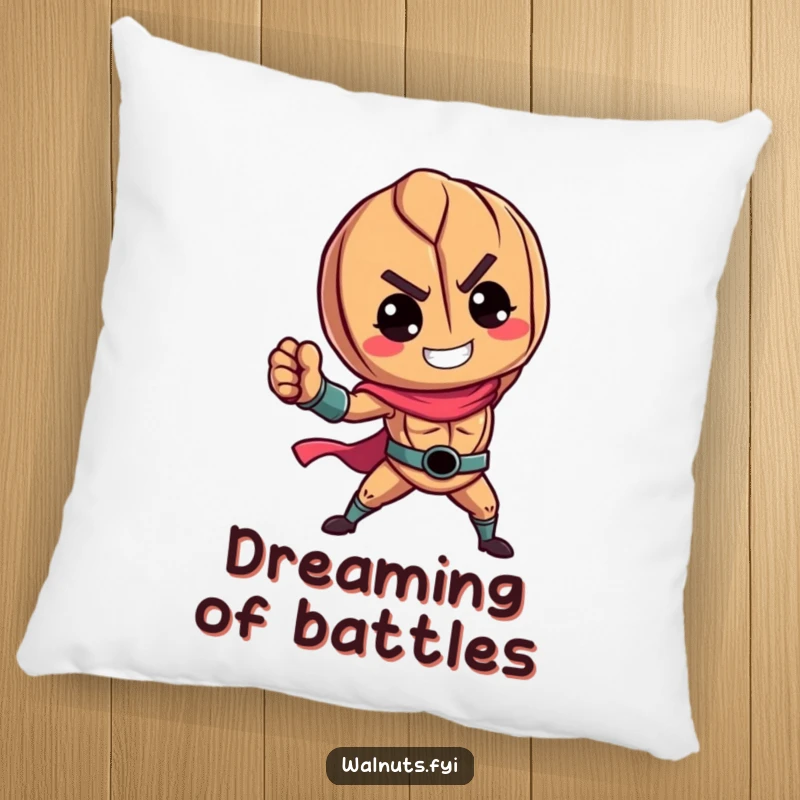 Funny pillow with a vibrant walnut character in a heroic pose, adding comfort and a touch of superhero charm.