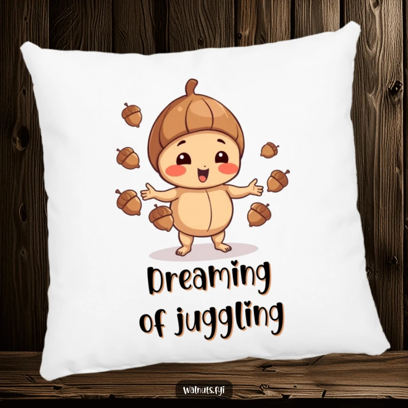 Funny Walnut Pillow: Playful walnut juggling acorns, comfortable and amusing, perfect funny gift.