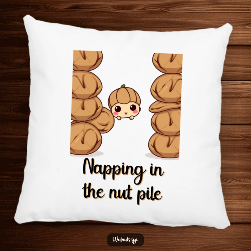 Funny walnut pillow, a curious walnut peeking from behind a stack of other walnuts. Soft and humorous decorative accent.