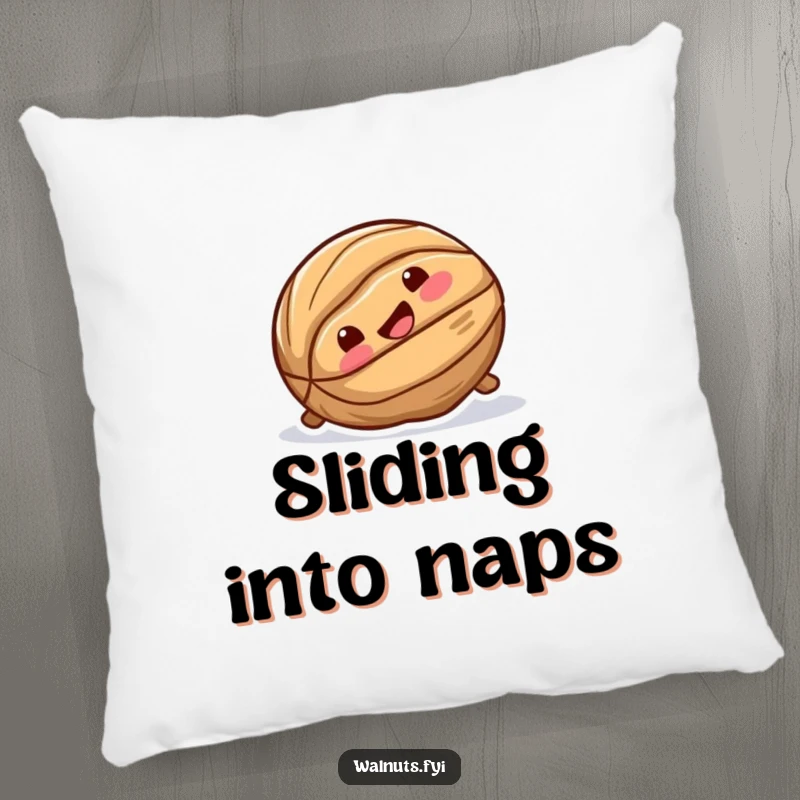 Funny pillow featuring a playful walnut with a broad smile, sliding effortlessly down a slick surface.