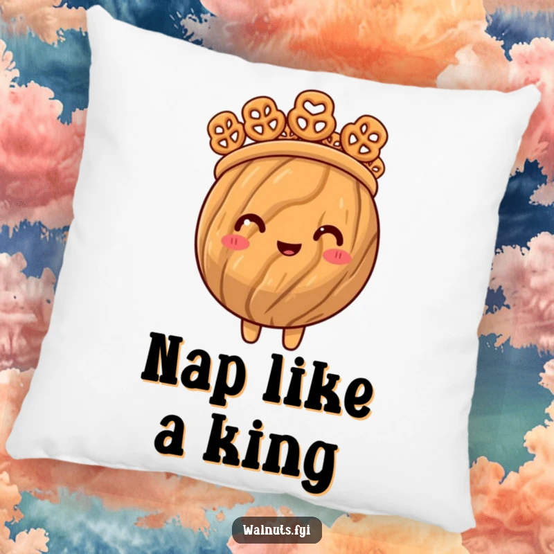 Funny pillow design of a proud walnut wearing a crown constructed from small pretzel bites, adding regal flair.