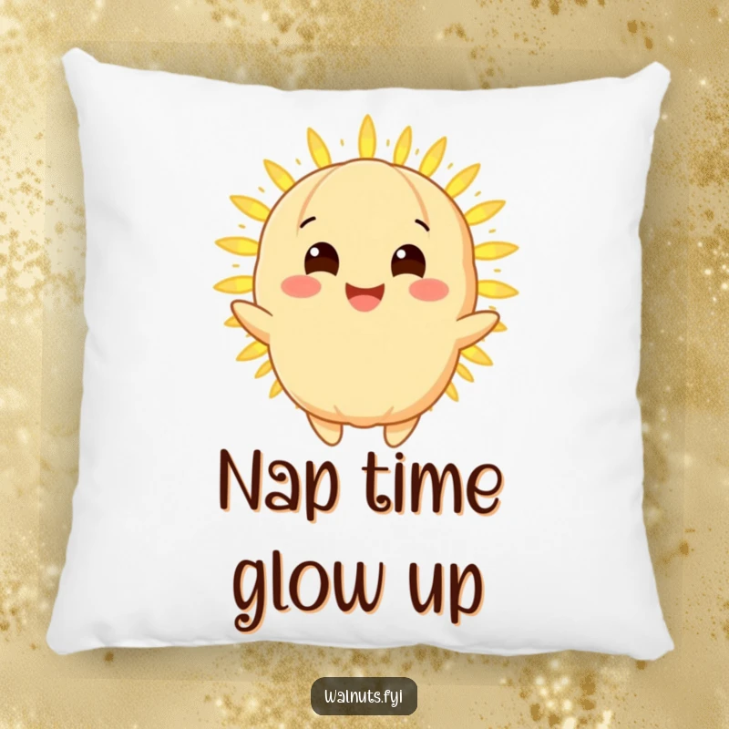 Funny macadamia nut pillow with a smiling golden character radiating a warm glowing light, soft and humorous decorative accent.