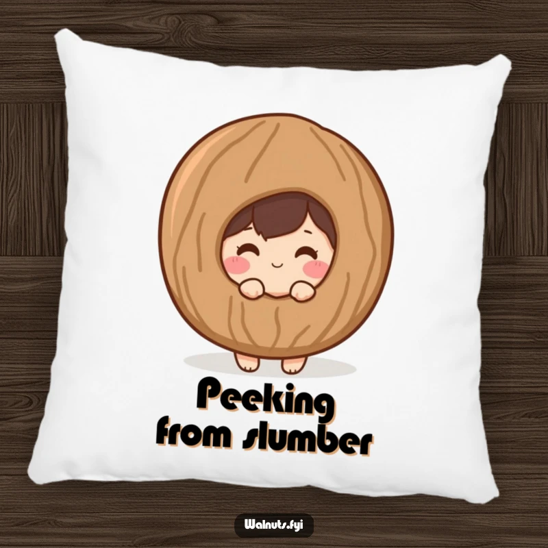 Funny decorative pillow with a shy, blushing walnut character peeking from behind a giant, stylized walnut shell.