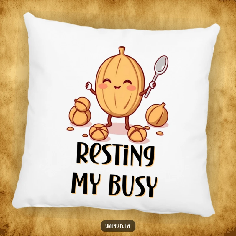 Funny walnut juggler pillow featuring a smiling walnut juggling a smaller walnut and a spoon, designed for comfort and a touch of nutty humor.