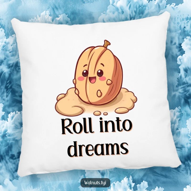 Funny pillow featuring a surprised pecan happily rolling downhill, perfect for adding comfort and humor.