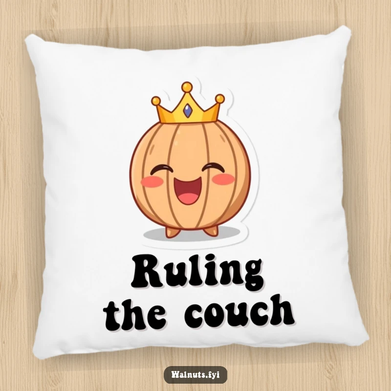 Funny pillow with a laughing walnut character wearing a tiny crown, adding comfort and a touch of playful royal charm.