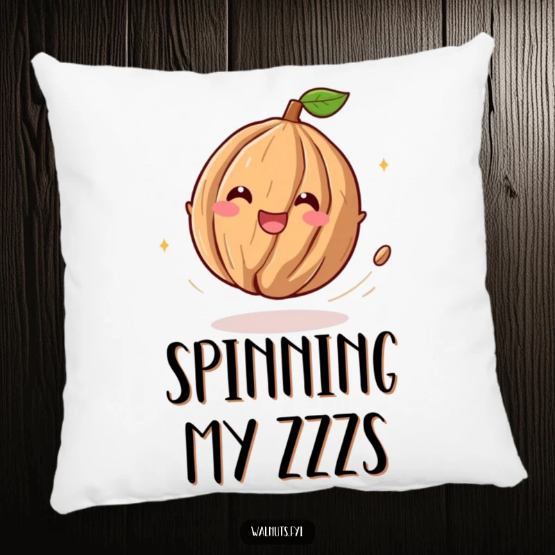 Funny pillow featuring a playful walnut character spinning with delighted abandon, its design promising comfort and fun.