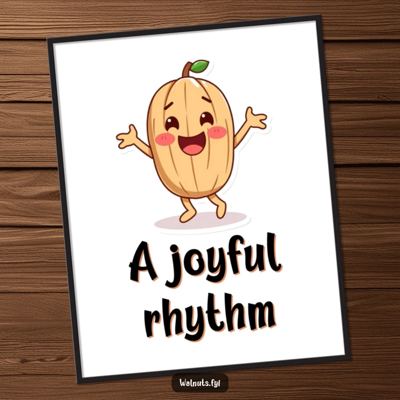 Funny playful walnut character doing a happy dance, a humorous and vibrant digital art print.