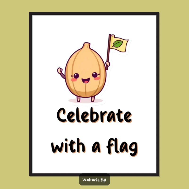 Funny Kawaii Walnut Digital Art: Excited Flag Waving Printable for Cheerful Decor