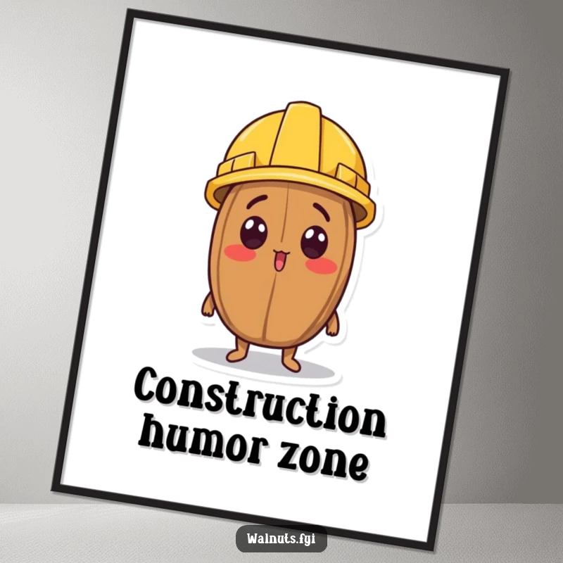 Funny digital art print of a surprised walnut character wearing a tiny construction helmet and looking up.