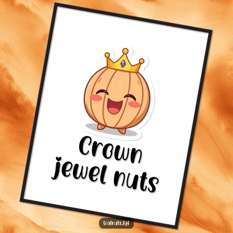 Funny digital art print of a laughing walnut character wearing a tiny crown, ideal for immediate download and regal wall decor.