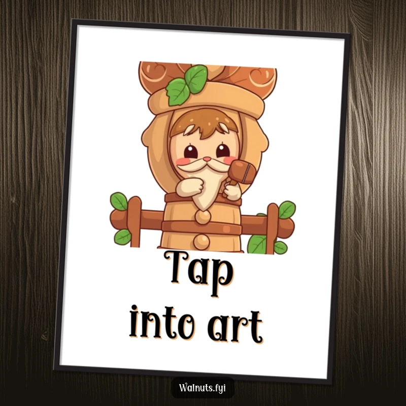 Funny digital art print of a curious walnut character tapping a large nutcracker with a tiny mallet.