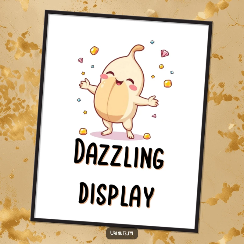 Funny digital art print of a macadamia nut juggling sparkling gemstones, capturing a moment of pure joy and radiant energy.