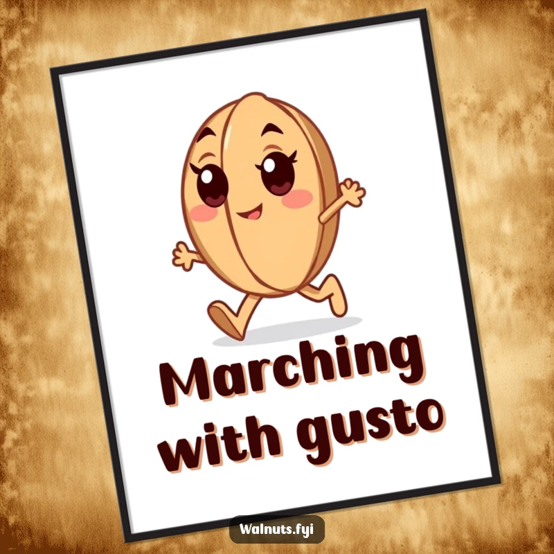 Funny determined walnut digital art print of a walnut with enthusiastic eyes marching forward, motivational and humorous art.