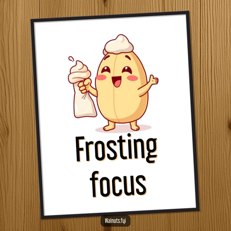 Funny digital art print of a delighted macadamia nut pointing at a frosting bag, perfect for kitchen decor.