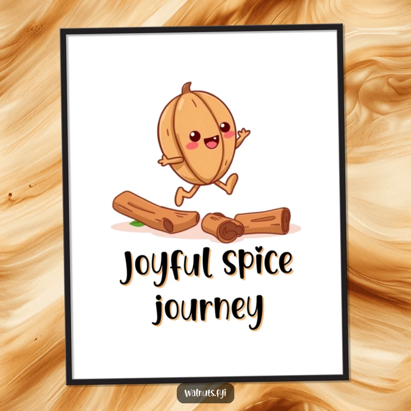 Funny digital art of a gleeful walnut skipping happily down a whimsical trail made of cinnamon sticks.