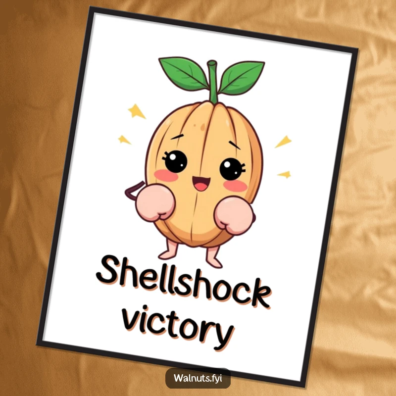 Funny Walnut Digital Art: Happy walnut wearing tiny boxing gloves, ready to fight, perfect funny gift.