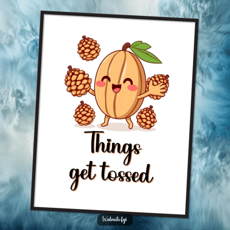 Funny Juggling Walnut Digital Art, a smiling walnut juggling three pinecones, printable wall art for a playful vibe.