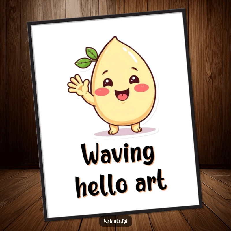 Funny Kawaii cashew digital art print of a beaming character giving a friendly wave, perfect for adding instant welcoming charm.