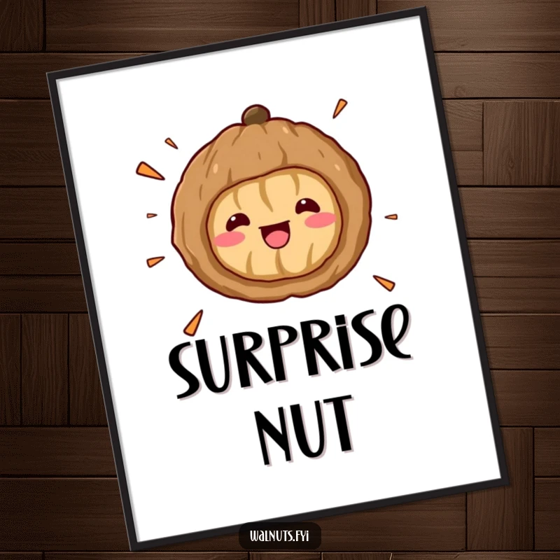 Funny Kawaii Walnut Surprise Digital Art: A surprised cartoon walnut cracks open, shell fragments flying, conveying a humorous moment of shock and delight digitally.