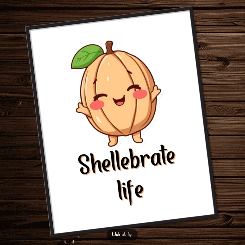 Funny Printable Walnut Art of a happy, cheerful walnut character giving a friendly wink, ideal for instant wall decor.