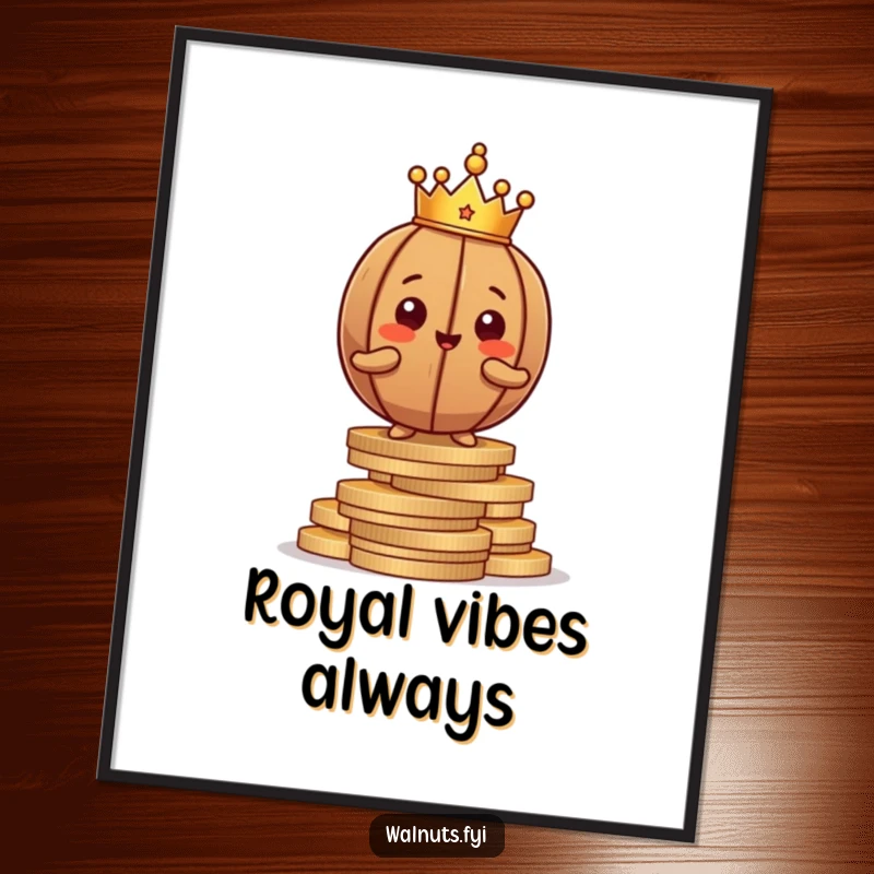 Funny proud brown walnut character crowned and posing confidently on a stack of coins, instantly adding regal humor.