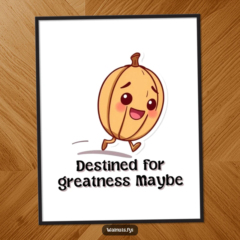 Funny digital art print of a happy walnut character with a determined look, rolling downhill with purpose.