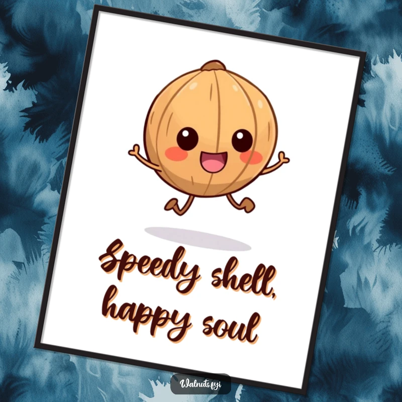 Funny digital art print of a smiling walnut character with tiny legs scampering energetically, ready to be displayed.