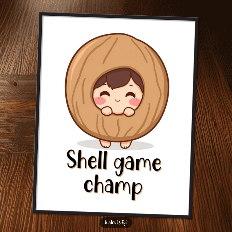 Funny digital art print of a shy, blushing walnut character peeking from behind a giant, stylized walnut shell.