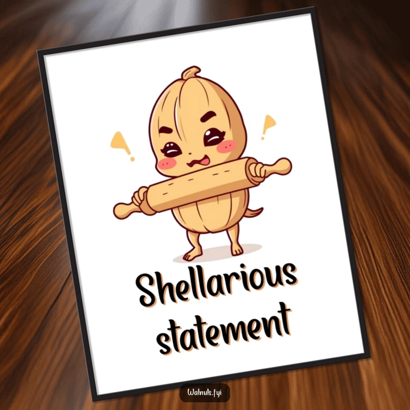 Funny digital art print of a determined walnut comedian balancing a rolling pin and cracking a joke, perfect for instant decor.