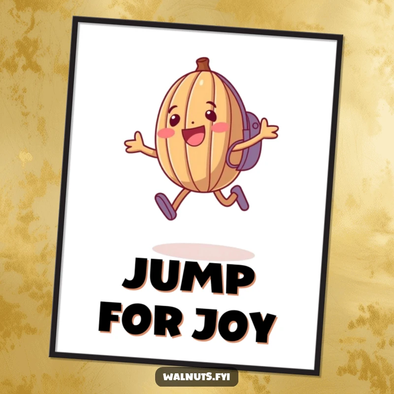 Funny Walnut Digital Art: Happy anthropomorphic walnut jumps with backpack, printable humorous illustration.