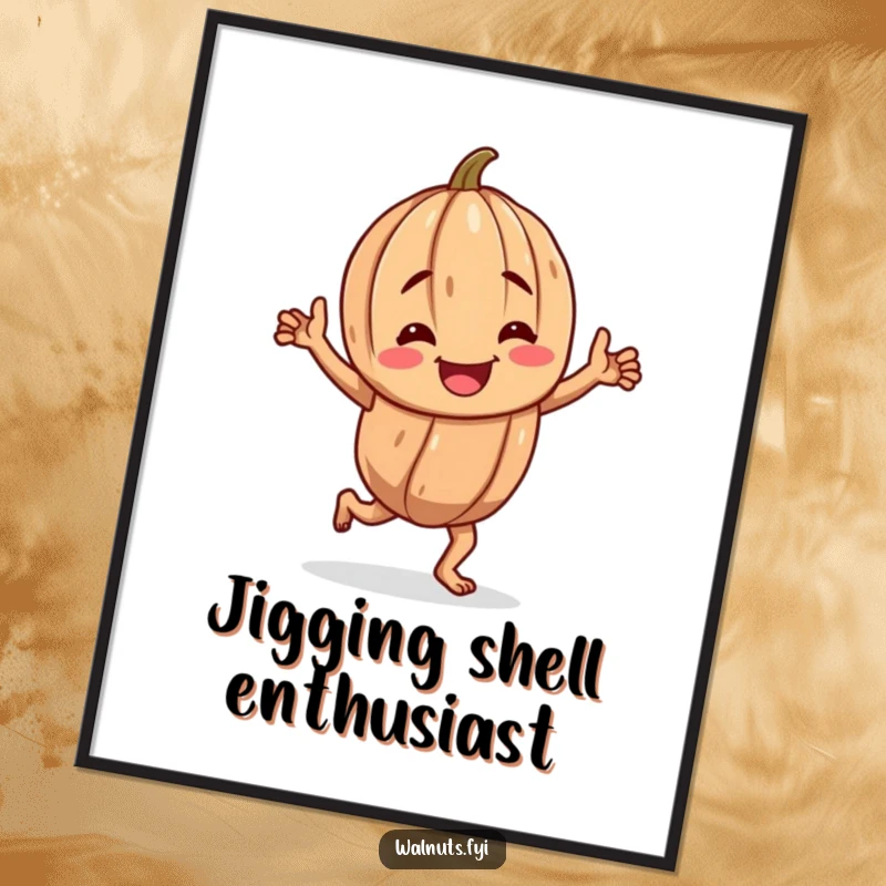 Funny digital art print of a cheerful, gnarled walnut character performing an energetic happy jig, instantly downloadable.
