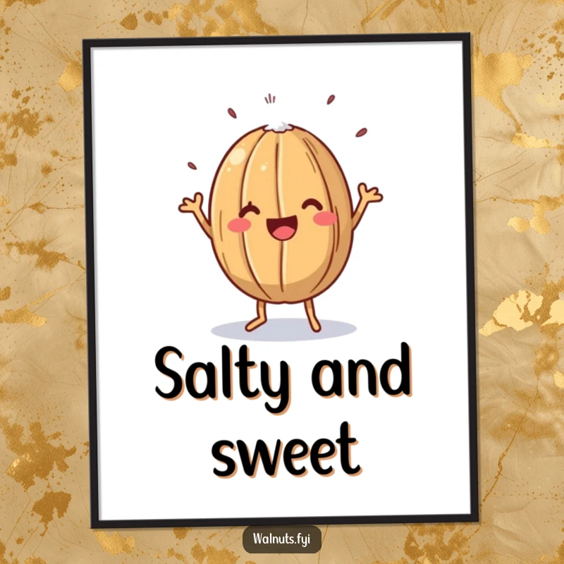 Funny digital art print of a happy walnut doing a jig, sprinkled with salt, a vibrant and nutty celebration.