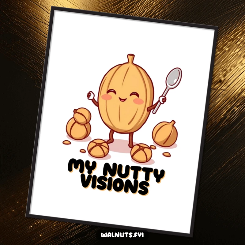 Funny walnut juggler digital art print showing a smiling walnut juggling a smaller walnut and a spoon, offering instant nutty humor for download and display.