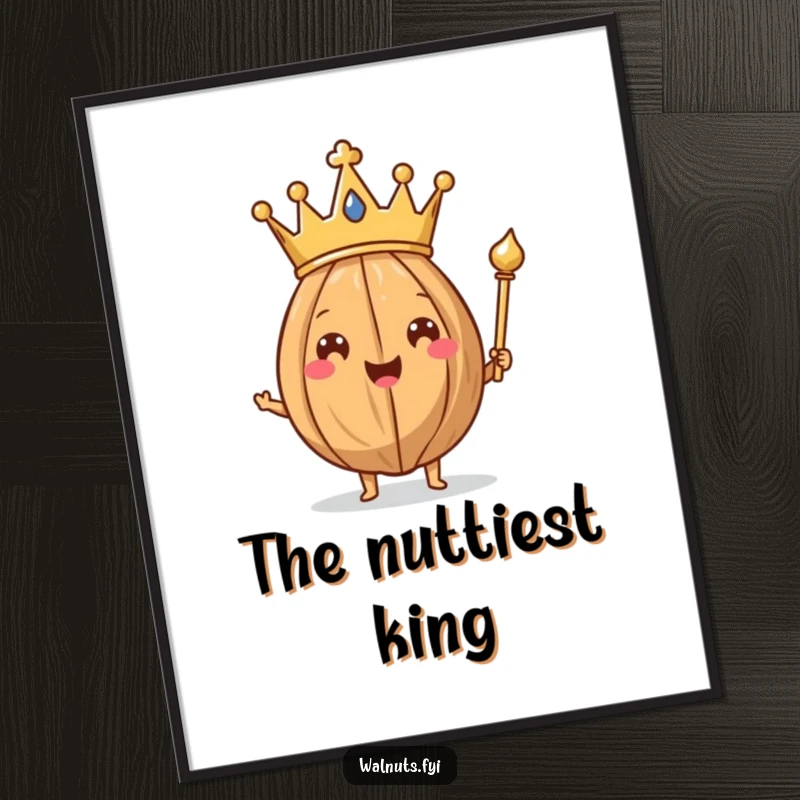 Funny Walnut King Digital Art Print of a happy walnut wearing a tiny crown and holding a scepter, looking like a monarch.
