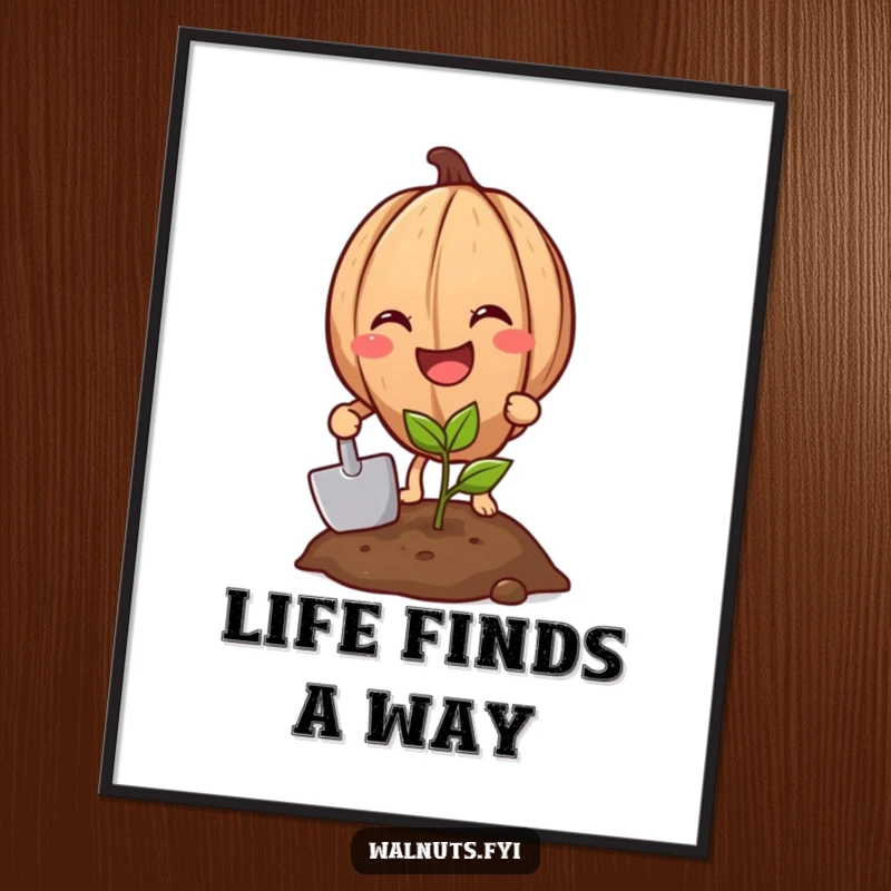 Funny Walnut Planting Digital Art, a grinning walnut with a shovel planting, printable wall art for garden enthusiasts.