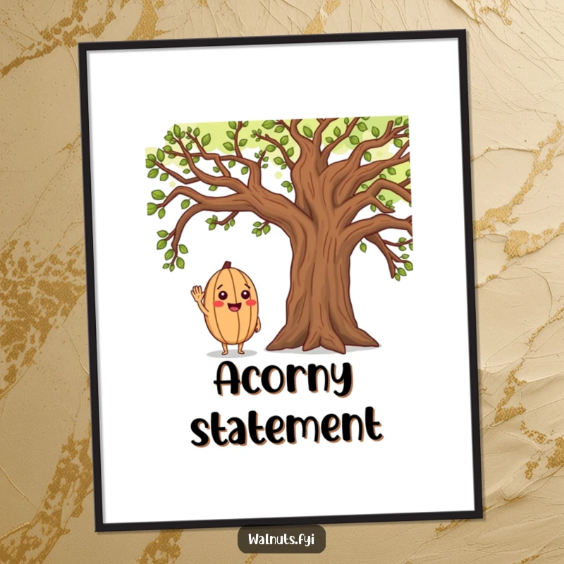 Funny digital art print of a cheerful walnut character saluting a majestic oak tree, perfect for instant download and display.